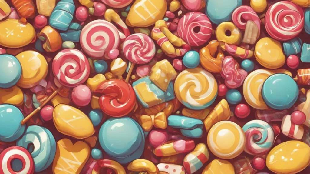 Ilustracja kolorowego cukierka, wyraźnie widocznego i zajmującego większość kadru. Cukierek jest żywy i przyciąga uwagę, symbolizując słodycz i przyjemność.